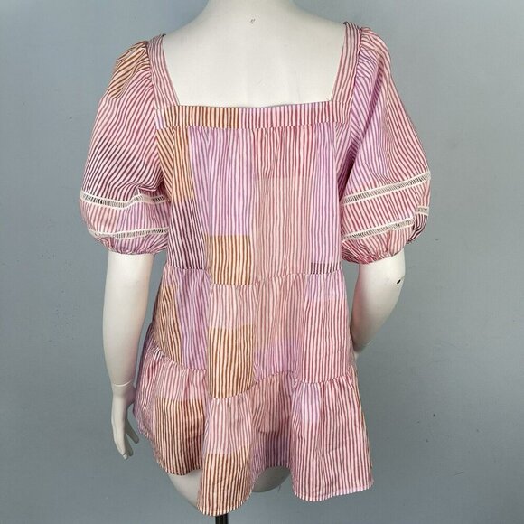 Anthropologie Maeve Gable Tiered Tunic Square Neck Puff Sleeves Top Pink -Small - Picture 8 of 15
